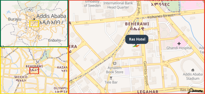 Map showing the address of Ras Hotel in three different zoom levels.