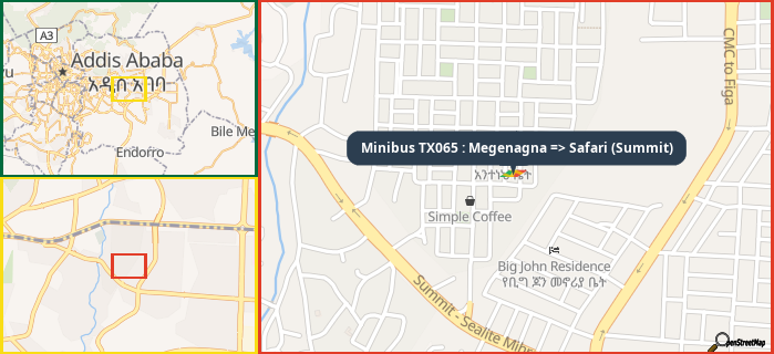 Map showing the address of Minibus TX065 : Megenagna => Safari (Summit) in three different zoom levels.