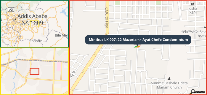 Map showing the address of Minibus LK 007: 22 Mazoria => Ayat Chefe Condominium in three different zoom levels.