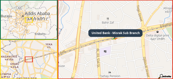 Map showing the address of United Bank - Misrak Sub Branch in three different zoom levels.