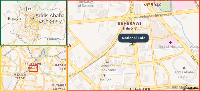 Map showing the address of National Cafe in three different zoom levels.