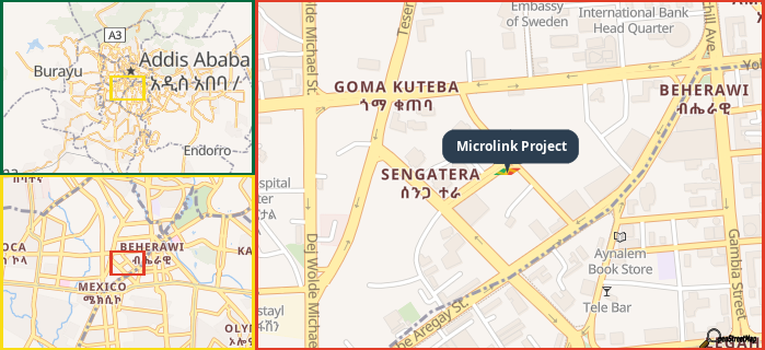 Map showing the address of Microlink Project in three different zoom levels.