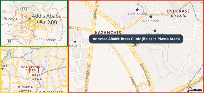 Map showing the address of Anbessa AB009: Brass Clinic (Bole) => Piassa Arada in three different zoom levels.