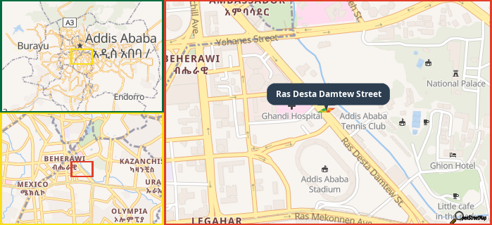 Map showing the address of Ras Desta Damtew Street in three different zoom levels.