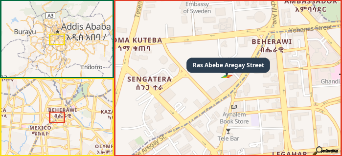 Map showing the address of Ras Abebe Aregay Street in three different zoom levels.