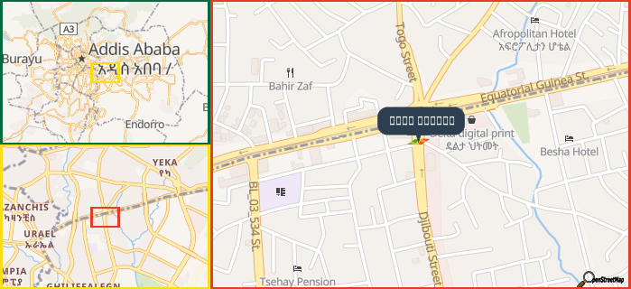 Map showing the address of شارع جيبوتي in three different zoom levels.