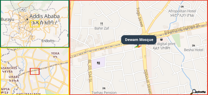 Map showing the address of Dewam Mosque in three different zoom levels.