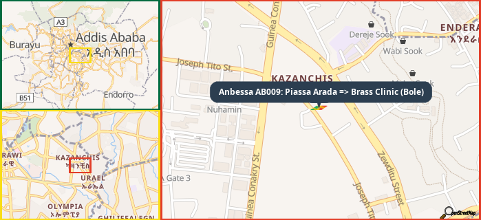 Map showing the address of Anbessa AB009: Piassa Arada => Brass Clinic (Bole) in three different zoom levels.