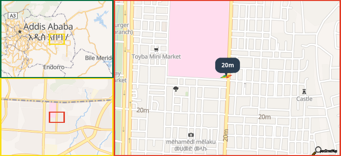 Map showing the address of 20m in three different zoom levels.