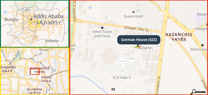 Map showing the address of German House (GIZ) in three different zoom levels.