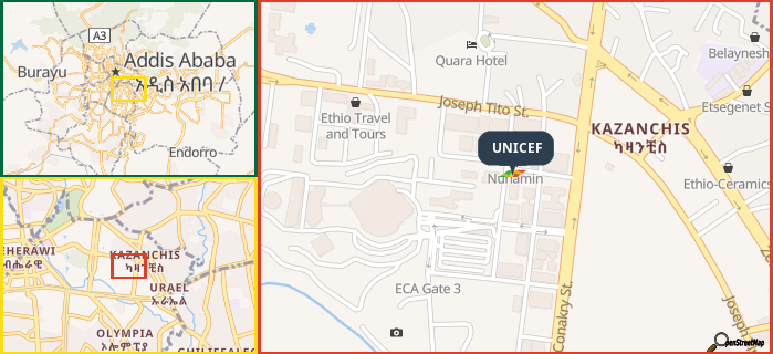 Map showing the address of UNICEF in three different zoom levels.