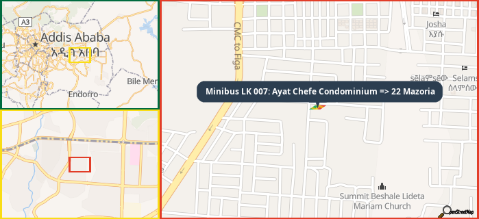 Map showing the address of Minibus LK 007: Ayat Chefe Condominium => 22 Mazoria in three different zoom levels.