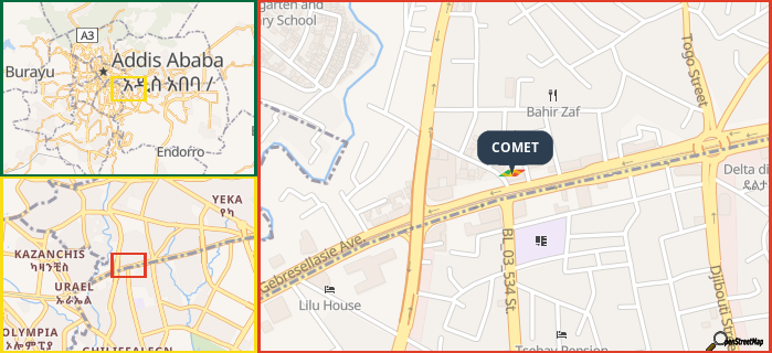 Map showing the address of COMET in three different zoom levels.