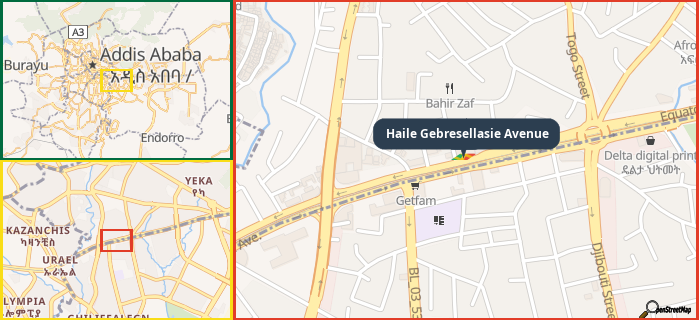 Map showing the address of Haile Gebresellasie Avenue in three different zoom levels.