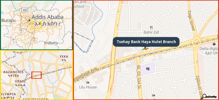 Map showing the address of Tsehay Bank Haya Hulet Branch in three different zoom levels.