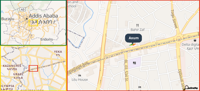 Map showing the address of Axum in three different zoom levels.