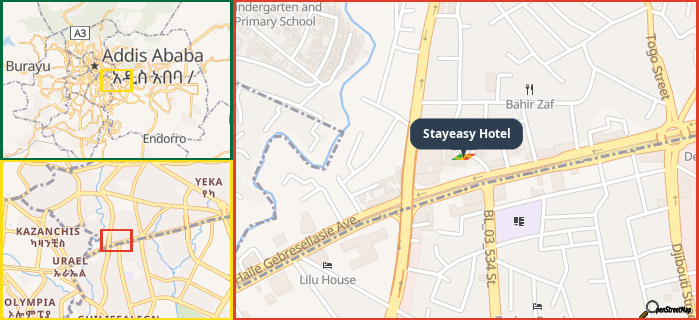 Map showing the address of Stayeasy Hotel in three different zoom levels.