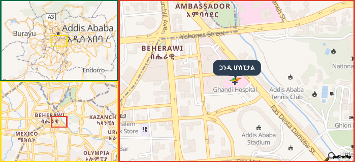 Map showing the address of ጋንዲ ሆስፒታል in three different zoom levels.