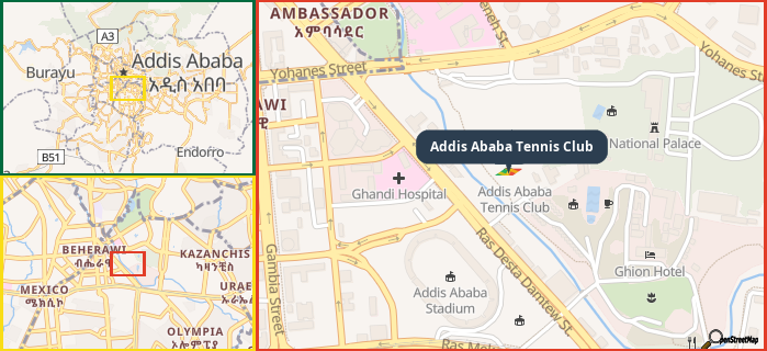 Map showing the address of Addis Ababa Tennis Club in three different zoom levels.