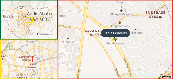 Map showing the address of Ethio-Ceramics in three different zoom levels.