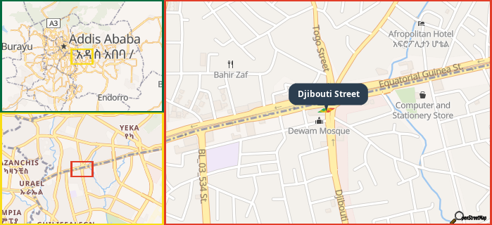 Map showing the address of Djibouti Street in three different zoom levels.