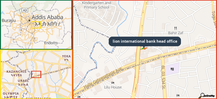 Map showing the address of lion international bank head office in three different zoom levels.