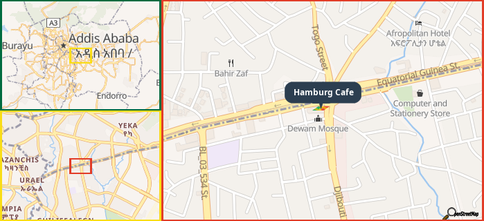 Map showing the address of Hamburg Cafe in three different zoom levels.
