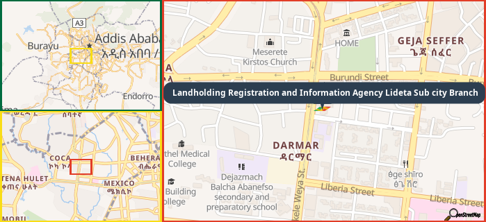 Map showing the address of Landholding Registration and Information Agency Lideta Sub city Branch in three different zoom levels.