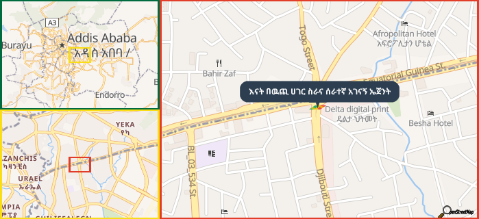 Map showing the address of እናት በዉጪ ሀገር ስራና ሰራተኛ አገናኝ ኤጀንት in three different zoom levels.