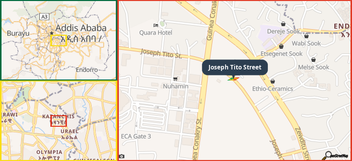 Map showing the address of Joseph Tito Street in three different zoom levels.