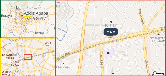 Map showing the address of M & M in three different zoom levels.