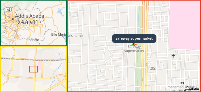 Map showing the address of safeway supermarket in three different zoom levels.