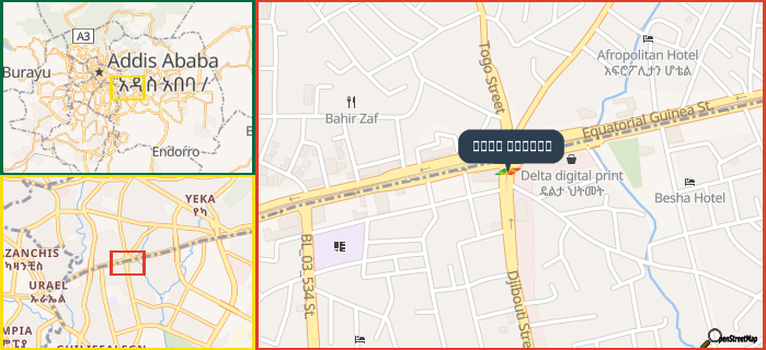 Map showing the address of شارع جيبوتي in three different zoom levels.