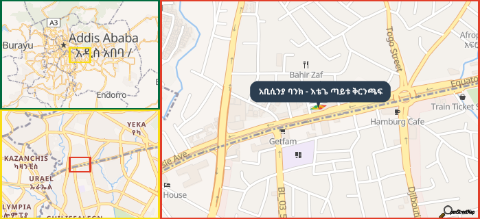 Map showing the address of አቢሲንያ ባንክ - እቴጌ ጣይቱ ቅርንጫፍ in three different zoom levels.
