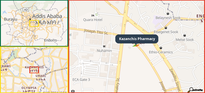 Map showing the address of Kazanchis Pharmacy in three different zoom levels.