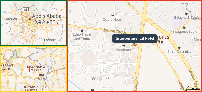 Map showing the address of Intercontinental Hotel in three different zoom levels.