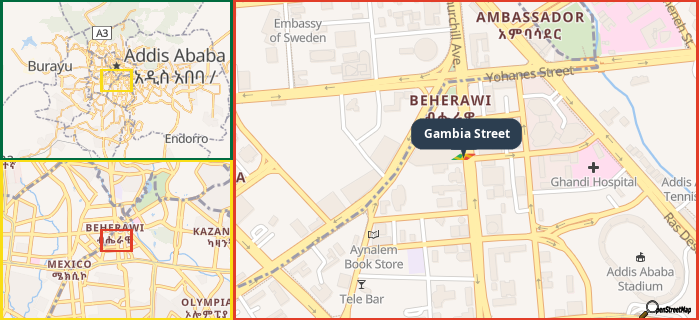 Map showing the address of Gambia Street in three different zoom levels.