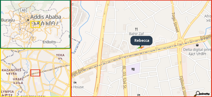 Map showing the address of Rebecca in three different zoom levels.