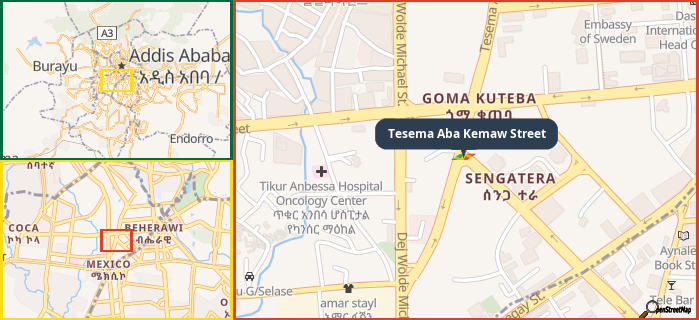 Map showing the address of Tesema Aba Kemaw Street in three different zoom levels.