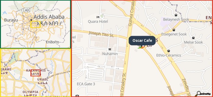 Map showing the address of Oscar Cafe in three different zoom levels.