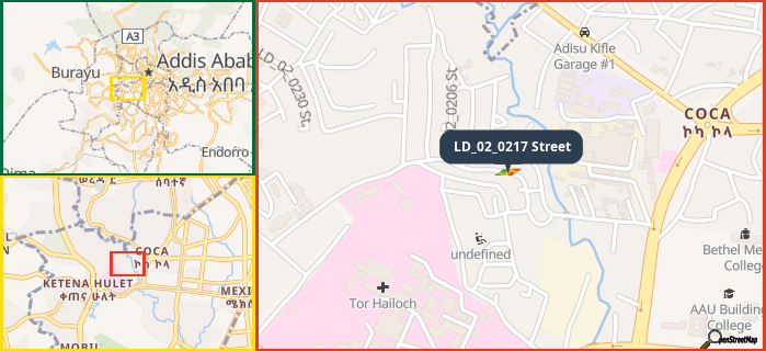 Map showing the address of LD_02_0217 Street in three different zoom levels.