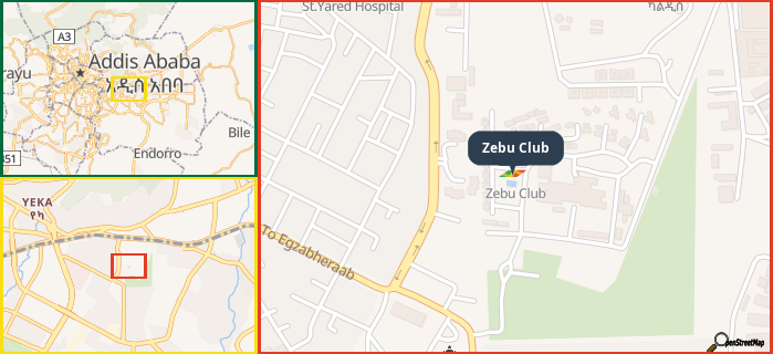 Map showing the address of Zebu Club in three different zoom levels.