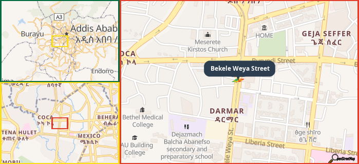 Map showing the address of Bekele Weya Street in three different zoom levels.