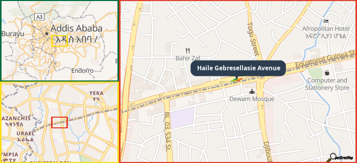 Map showing the address of Haile Gebresellasie Avenue in three different zoom levels.