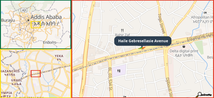 Map showing the address of Haile Gebresellasie Avenue in three different zoom levels.