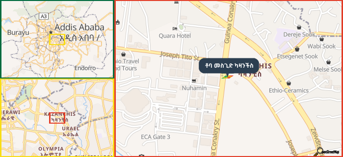 Map showing the address of ቶባ መስጊድ ካዛንችስ in three different zoom levels.