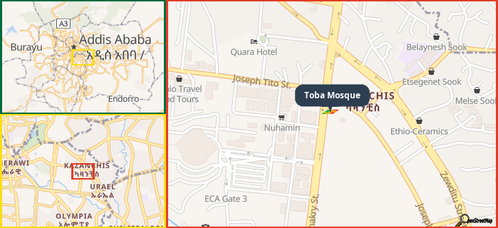 Map showing the address of Toba Mosque in three different zoom levels.