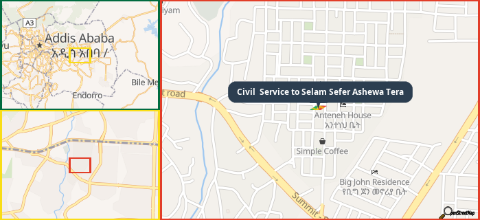 Map showing the address of Civil  Service to Selam Sefer Ashewa Tera in three different zoom levels.