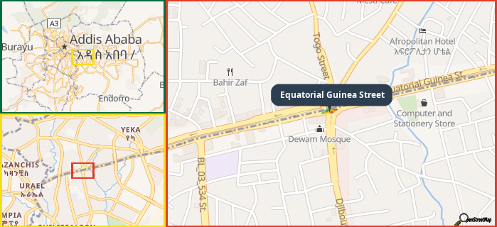 Map showing the address of Equatorial Guinea Street in three different zoom levels.