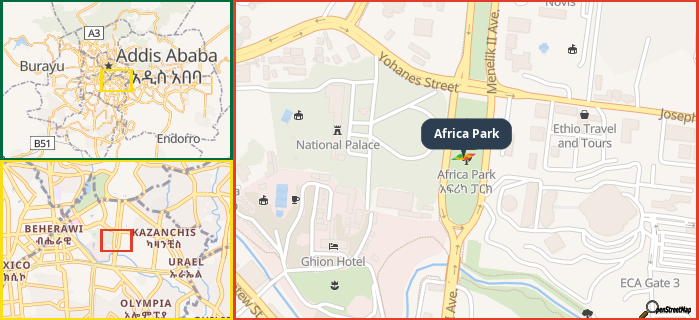 Map showing the address of Africa Park in three different zoom levels.